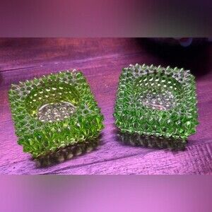 2 Fenton Hobnail Square Green Salt Cellar Tea Light Candle Holders